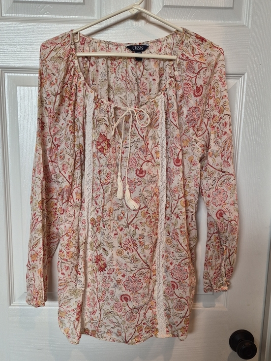 Chaps Tops - Chaps Cream Floral Tie-Front Peasant Tunic